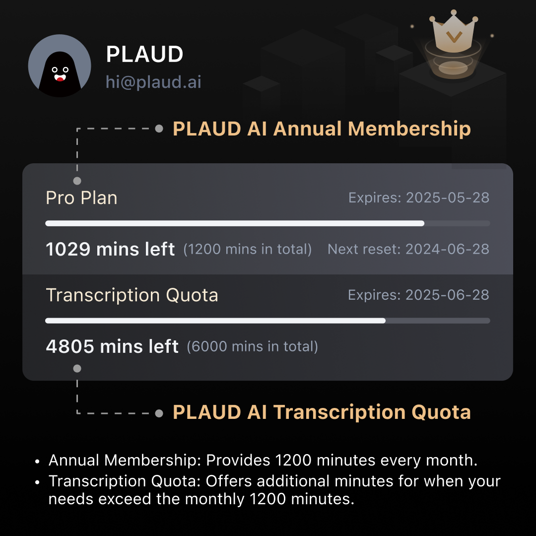 PLAUD AI Transcription Quota (6,000mins)