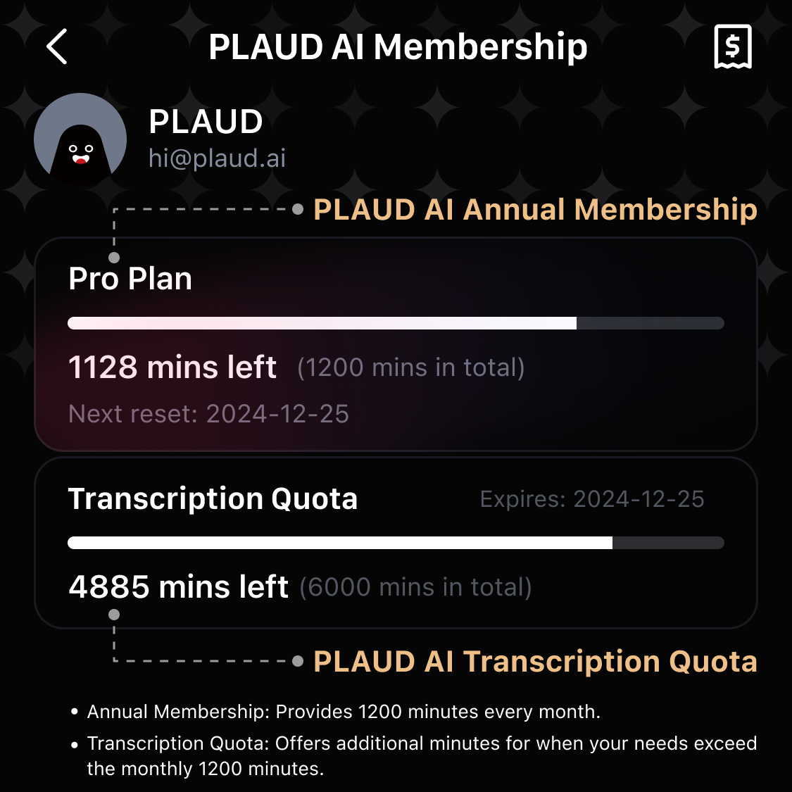 PLAUD AI Transcription Quota (6,000mins)